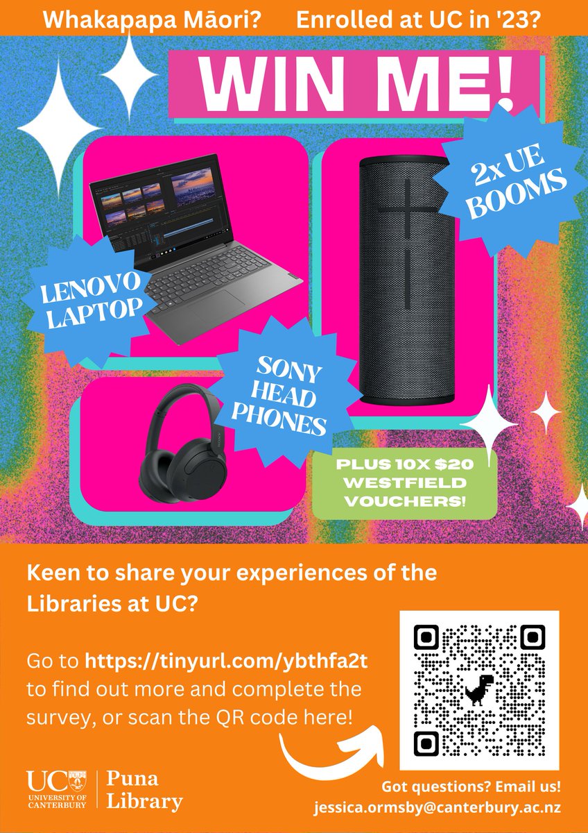 Do you whakapapa Māori? Are you enrolled at UC in 2023?  We want to hear your voice! UC Library is undertaking research to learn more about Māori students' experiences with our libraries. 
Fill in the survey here: tinyurl.com/ybthfa2t and be in to win a bunch of cool prizes!
