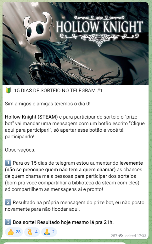 previaxd's tweet photo. começou essa porra.

15 dias seguidos, maior projeto desse canal somando twitter twitch e telegram agora.

https://t.co/Gt6wwnDdgb

começando com hollow knight!