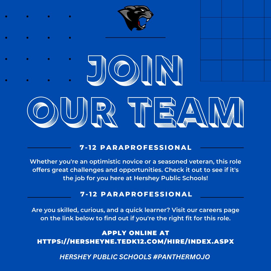 HersheyPanthers's tweet photo. HPS PARAPROFESSIONAL POSITION - Hershey Public Schools has an opening for a classroom paraprofessional. Please use the link below to learn more about the position and apply on-line. If you have any questions, please contact Hershey 7-12 Principal, Jordan Cudney, at jordan.cudney@hpspanthers.org. #PANTHERMOJO