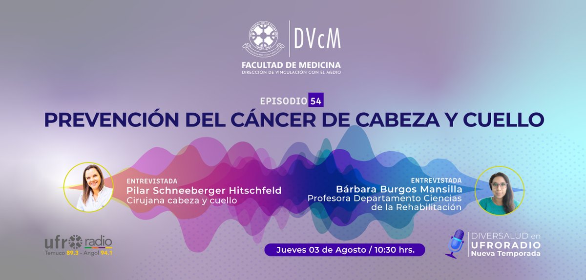 Esta semana conversaremos con dos expertas en el tema de Prevención del cáncer de cabeza y cuello, la Dra. Pilar Schneeberger Hitschfeld y la Dra. Bárbara Burgos Mansilla.

Este jueves 03 de agosto a las 10:30 horas, nos sintonicen en la 89.3 en Temuco y en la 94.3 en Angol.