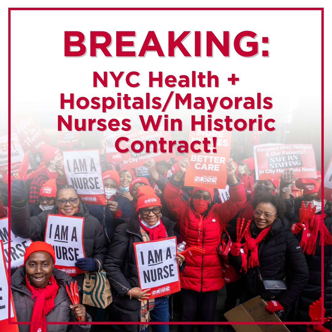BREAKING: @NYCHealthSystem nurses win historic contract with pay parity and safe staffing! This historic contract covers more than 8,000 nurses who are part of the largest public health system in the country. #HealthEquity #PayParity #SafeStaffing

PR: nysna.org/press/2023/nyc…
