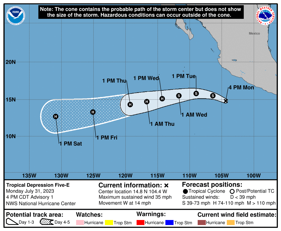 SkyAlertStorm's tweet photo. Se ha formado la depresión tropical #CincoE a 465 km al sur de Manzanillo, Colima, con vientos sostenidos de 55 km/h.

Se prevé que en próximas horas se intensifique a tormenta #Dora y posteriormente a huracán. Comenzará a alejarse de las costas de México aunque favorecerá oleaje elevado en costas de Mich, Col y Jal 
 además de lluvias en edos. del centro y occidente.