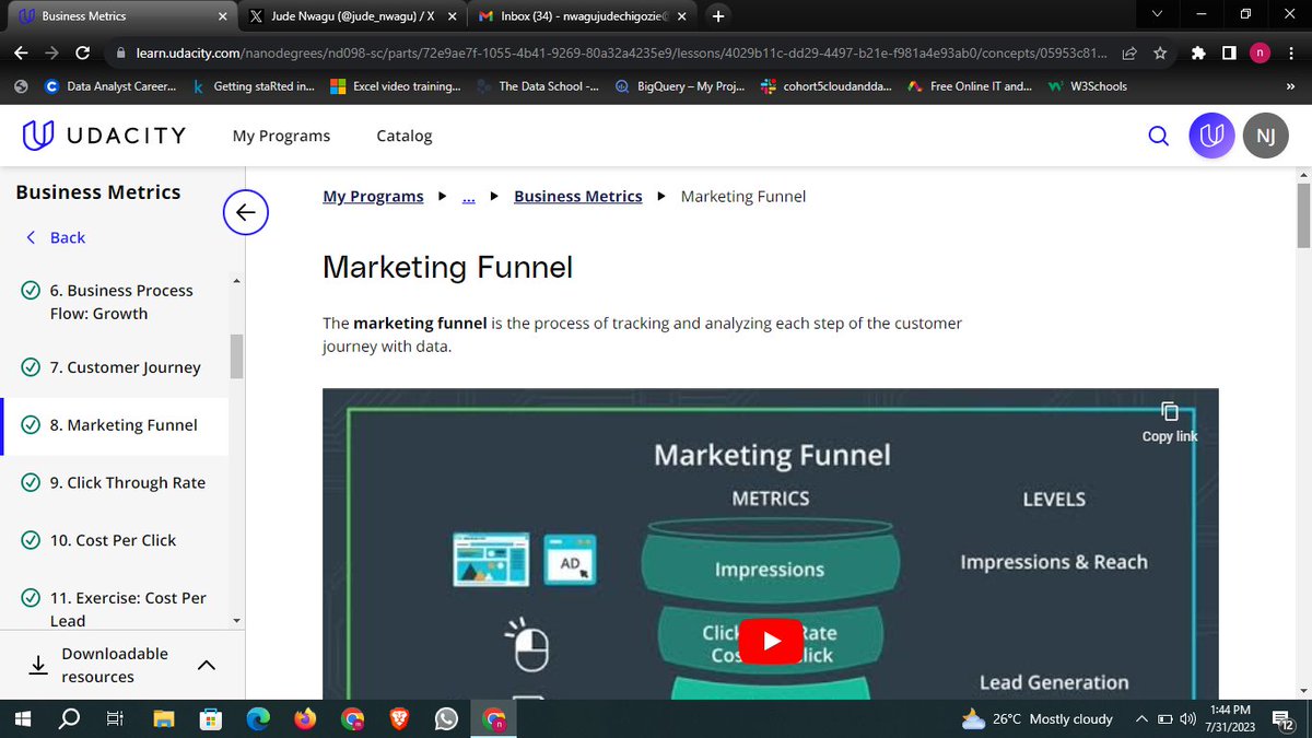 jcndata's tweet image. Day 14: I learnt customer Journey &amp;amp; its 5 stages, marketing funnel &amp;amp; levels in marketing funnel like conversion, Advocacy, loyalty, leads generation CTR, CPC, CPL.
#30daysofcodewithobi #LearnDataAnalyticswithTina #DataAnalytics #udacity #dailylearning #datafam #data #networking