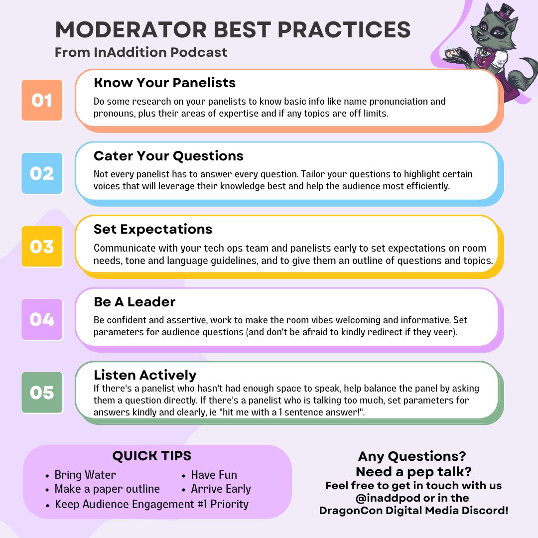 inADDitionpod's tweet photo. As promised, part 2 of In Addition heckin' rad infographics.

'Moderator Best Practices' from the trash pandas of InAddition
#dragoncon #dragoncon2023 #dcdmt #digitalmedia #panelist #info https://t.co/JN1HYlSdXj