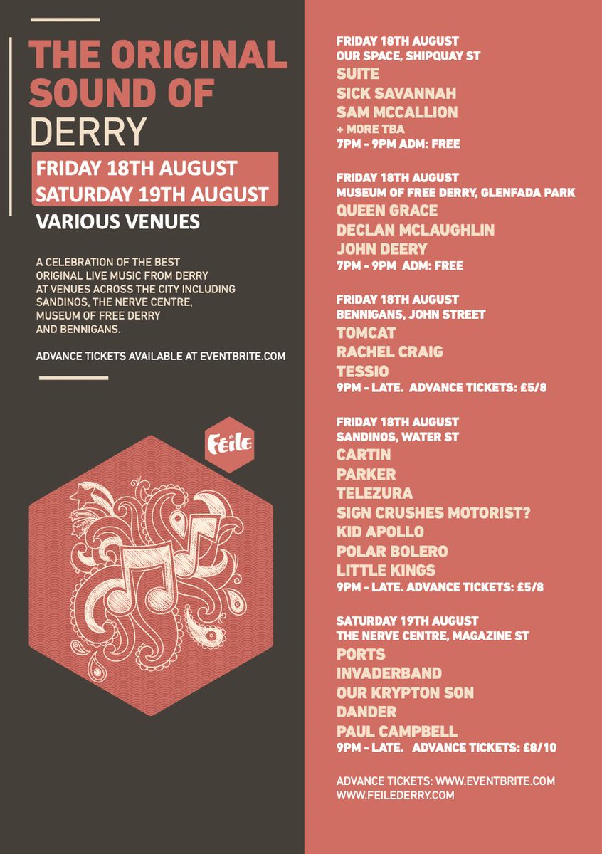 feilederry's tweet photo. A new music weekender celebrating the best original artists from Derry will take place on 18th/19th August at @feilederry at venues including @sandinosbar @nerve_centre @MuseumFreeDerry and @BennigansBar 
Advance tickets: https://t.co/IPMfHk6By3 https://t.co/5PJaVp1Q3X