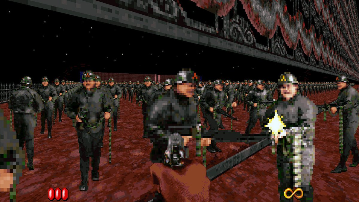 SlappyCromwell's tweet photo. It is my sad duty to report that 14,640 Enforcers will not run in the newly released Rise of the Triad: Ludicrous Edition without crashing. Not because of too many Enforcers, but because of too many fences. This is not a joke.
@RiseoftheTriad, pls fix. #eatlead #herecatch https://t.co/rGo13LzTqk