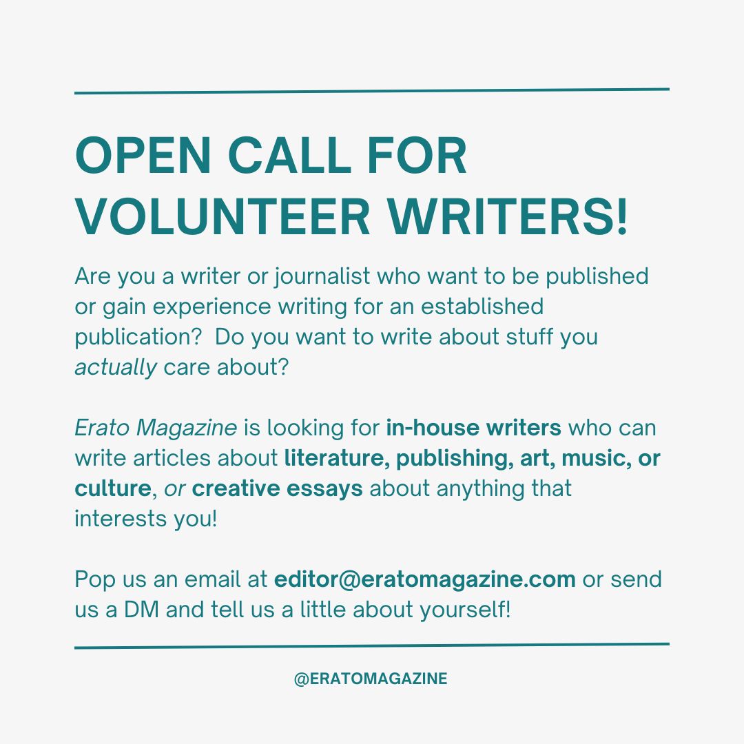 New in the #journalism or writing industry? #EratoMagazine is a volunteer-run, non-profit arts and culture/#literarymagazine and we're looking for #writers to join our in-house team and Erato family!:)

#opencall #volunteerwriters