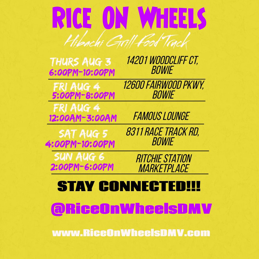 RiceOnWheelsDMV's tweet photo. Catch Rice On Wheels at these locations! 🥢🔥🍚 https://t.co/XWsSavTnlE