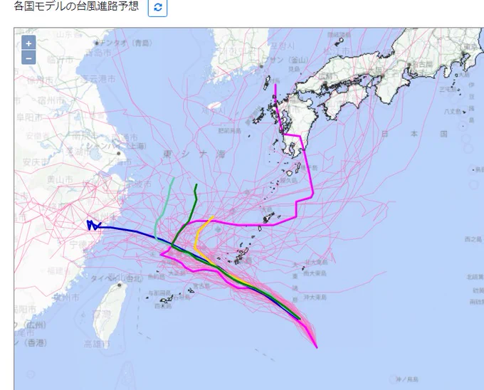 台風長期予想 ピンクのコース、そうはならんやろ! ってつっこみありそう 