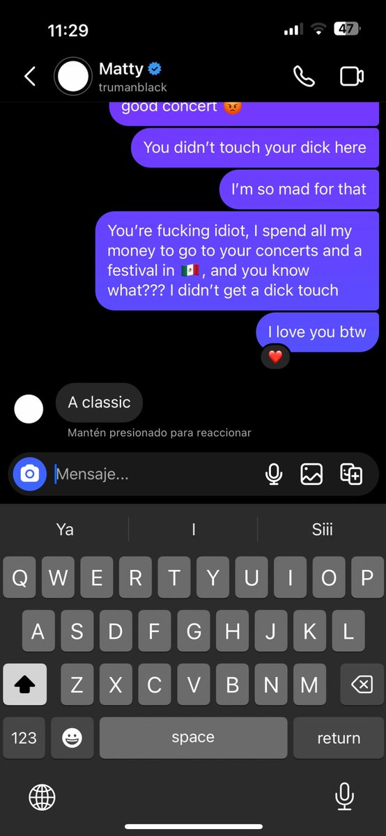justroxybaby's tweet photo. Matty Healy contestándome el mensaje más vulgar del mundo😍 lo amoooo, puedo decir que matty me dio me encanta y me mando un mensaje https://t.co/DrNjHqUdkG