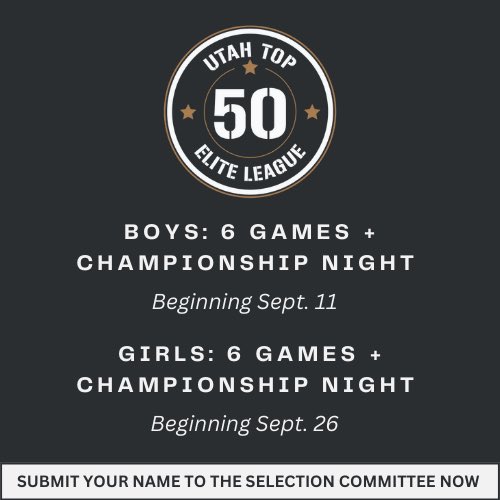The 3rd annual Utah Top 50 League for Boys &amp; Girls is locked and loaded for 2023!

Player invitations start going out this week and next week.

If you’re one of Utah’s top basketball players, submit your name to the selection committee now. 

Tap the link in our bio for details.