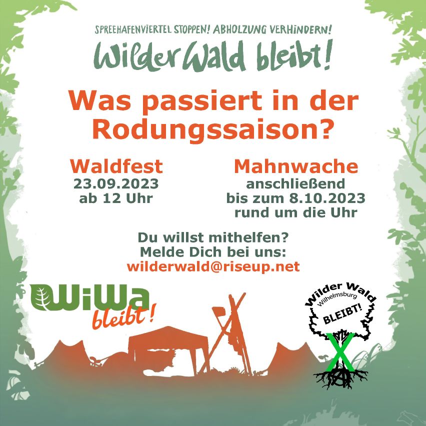 Was passiert in dieser Rodungssaison? Der Wilde Wald soll für das sog. 'Spreehafenviertel' gerodet werden, die öffentliche Planauslegung des Bebauungsplans 'Wilhelmsburg 102' findet wahrscheinlich Anfang 2024 statt. Ob vorher schon Tatsachen geschaffen und Bäume gefällt werden?