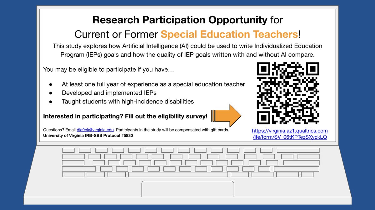 Research participation opportunity for current or former #SpecialEducation teachers! This study explores how #ArtificialIntelligence (AI) can be used to write #IEPs. Interested in participating? Fill out the eligibility survey: virginia.az1.qualtrics.com/jfe/form/SV_06…
