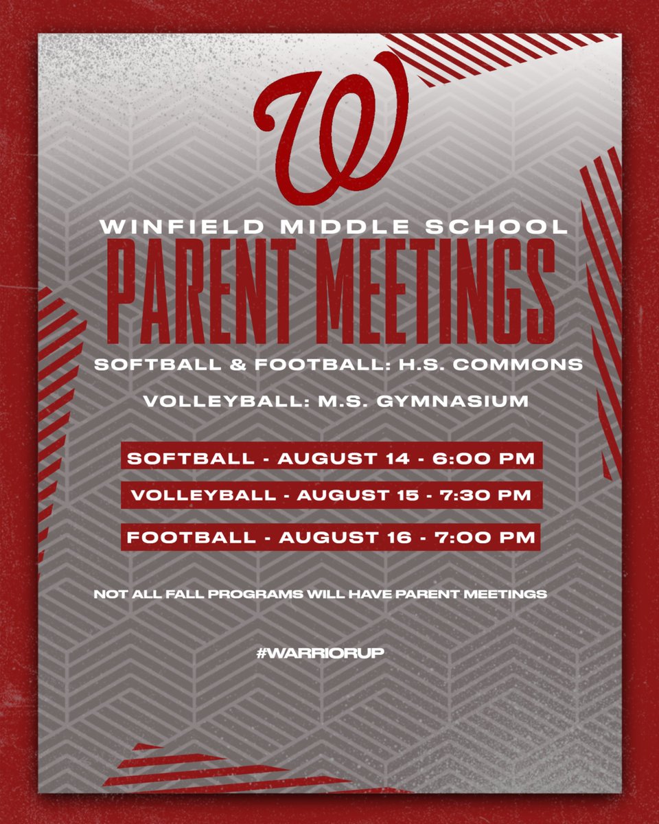 Middle school parent meeting information.  Make sure you attend.  #warriorup