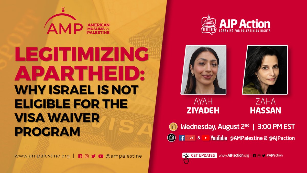 AMPalestine's tweet photo. Israel is NOT eligible for the Visa Waiver Program due to its decades-long systematic discriminatory entry policies against Palestinian &amp; Arab Americans, Muslims &amp; Americans who support Palestinian rights.
Join our joint webinar w/ @AJPaction to learn more https://t.co/fgaKdr4QDW https://t.co/Pd1LXtiTkY