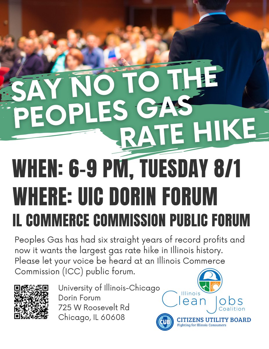 Say no to Peoples Gas rate hikes! Our Environmental Justice Team invites you to join our partners @ILCleanJobs & @cubillinois for the ICC Public Forum TOMORROW, August 1st, from 6-9pm at the UIC Dorin Forum (725 W Roosevelt Rd). RSVP to provide testimony: buff.ly/3OzwKzK