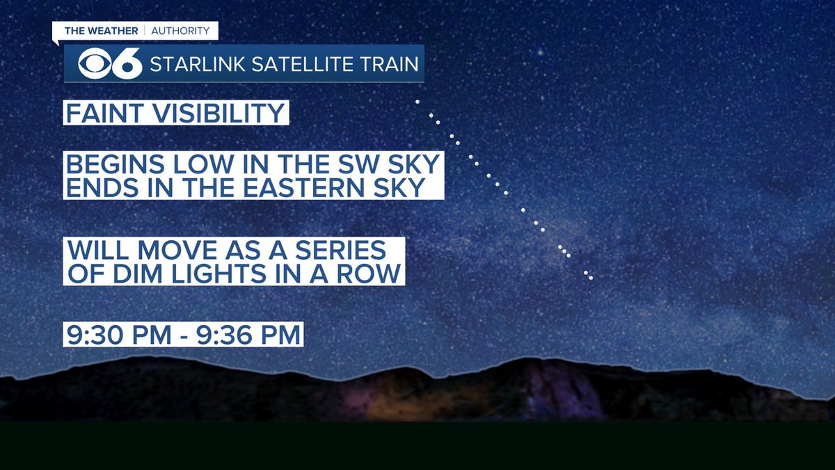 ZachDanielCBS6's tweet image. Tonight will be another opportunity to see the SpaceX Starlink satellite train.  Let your eyes adjust to the dark, as the satellites will be dimmer than last night.  The will pass over central VA high in the sky.