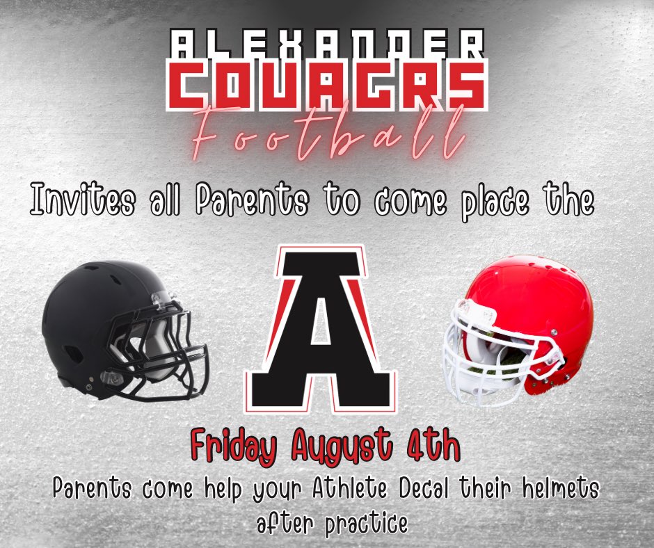AlexanderFball's tweet photo. Attention All Parents, Alexander Football is inviting you to come watch practice this Friday, August 4th!! Afterward parents please stick around to help your the Athletes place the “A” https://t.co/INleYlnbbc