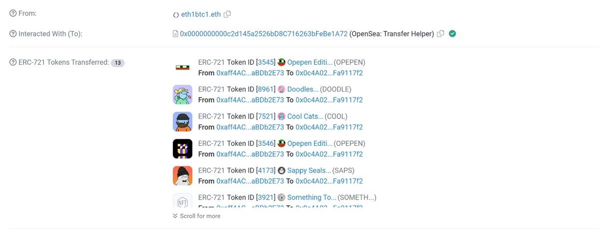 ethanrousso_eth's tweet photo. WTF IT FINALLY HAPPENED! MY METAMASK GOT HACKED WITHOUT ME SIGNING ANYTHING!!! Whoever stole my NFTs F*CK YOU!!! Idk how but they did it...

The hacker used a @opensea Transfer Helper and transferred 13 NFTs out of my wallet to themselves and sold it for below FP. If you recently bought one of these NFTs for the below FP, please be a good person and msg me, happy to work something out. 
My assets were taken and set to 0x0c4A021F7661d493DAcF23C6067C5661Fa9117f2
Assets: 
1 @doodles #8961
1 @coolcats #7521
1 @sappyseals  #4173 
2 @opepenedition (4edition, 20 edition) #3545, #8961 
1 @SomethingToken LEGENDARY #3921
1 @ragstorichienft 
1 @thenowpass #1604 
1 @thealienboy #4071
3 @mergesvv @jackbutcher #11573, #18511, #25737
.25 ETH

PLEASE SHARE THIS to help find all the owners to help me get my children back! I miss them a lot.😢😭
