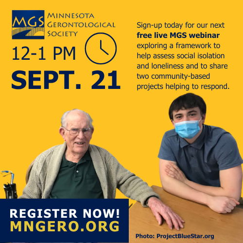 MNGero's tweet photo. Join this free, live, #agefriendly webinar!
Two #agefriendlyMN leaders - Steve Hoover and Fyzeen Ahmad - will explore how to assess and respond to #socialisolation and #loneliness in older adults! More at https://t.co/yOkA5GyT9D
@mnlcoaging @MinnAging @asigumn #aging https://t.co/QUE6bMcgxw