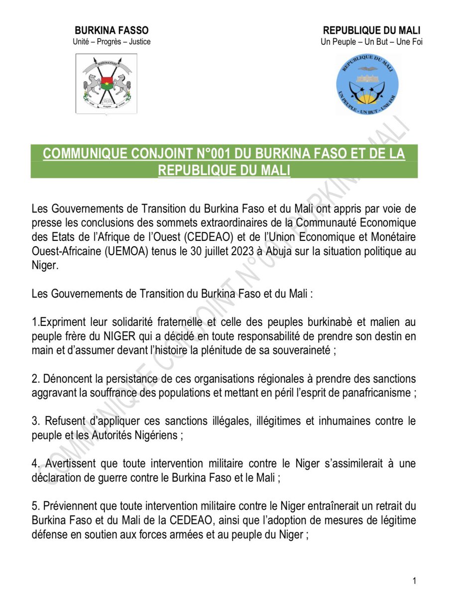 AyatIdrissa's tweet photo. •النيجر🇳🇪
•مالي🇲🇱
•بوركينا فاسو🇧🇫

**أروع بيان

- في بيان مشترك بين مالي🇲🇱 بوركينا فاسو🇧🇫، ترفض الدولتان تطبيق عقوبات إيكواس ضد النيجر🇳🇪.

- كما أنّ أي قرار بتدخل عسكري ضد في النيجر🇳🇪 يعتبر آليًا إعلان حرب ضد مالي وبوركينا.
—
لم أشعر بفخر كأفريقي بجيراننا كما شعرت اليوم🧡🧡✊🏾 https://t.co/mRENmhuSft