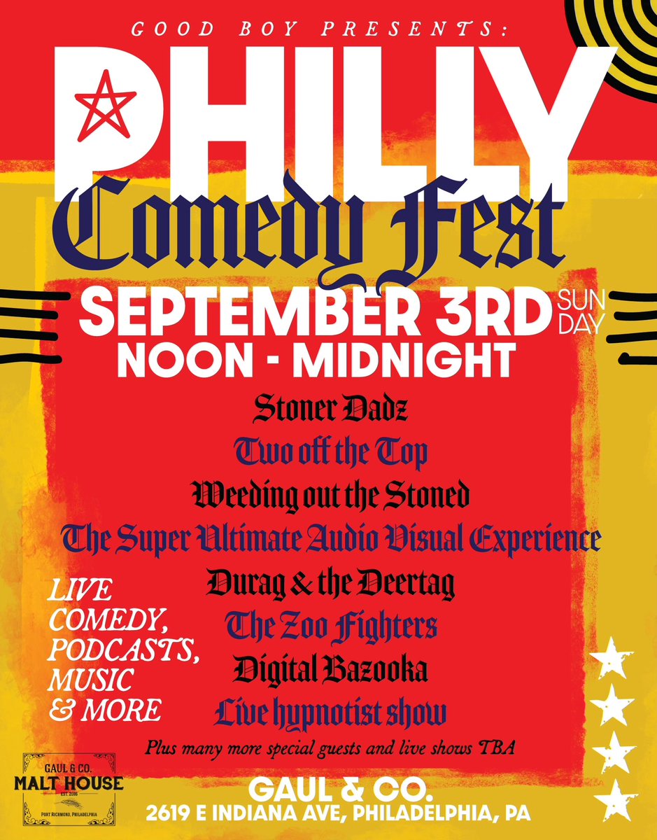 Join us. We’re taking over Port Richmond for the day. 

Tickets: eventbrite.com/e/philly-comed…

<a href="/DubzDanny/">Danny Dubz</a> <a href="/timbutterly/">Tim Butterly</a> <a href="/mattwritesbooks/">Matt McCusker</a> <a href="/LeMaireLee/">LeMaire Lee</a> <a href="/shwangardini/">shawn gardini</a> <a href="/Naim__Ali/">Abiyoyo</a> <a href="/dru_montana47/">Boban Frogdanovich</a> <a href="/_Shaner_Comedy_/">Ryan Shaner</a> <a href="/SidneyGantt/">The People’s Gantt</a> @RobCrewsComedy 

More special guests and shows to be announced!