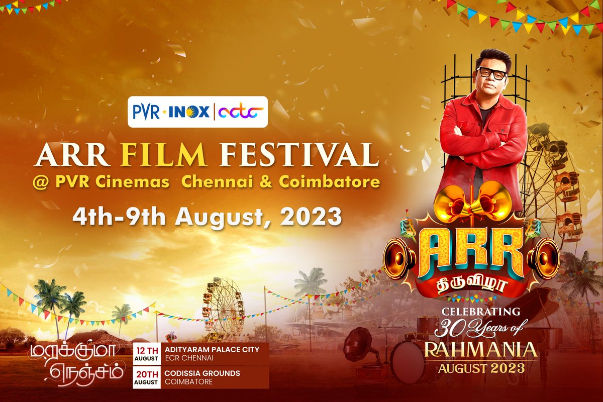 MNConcert2023's tweet photo. Ready to Celebrate 30 years of Rahmania
ARR Film Festival @_PVRCinemas  Chennai &amp; Coimbatore 4th to 9th August 2023 #marakkumanenjam #30yearsofarrahman #arrahman https://t.co/ZsuzoOyVwu