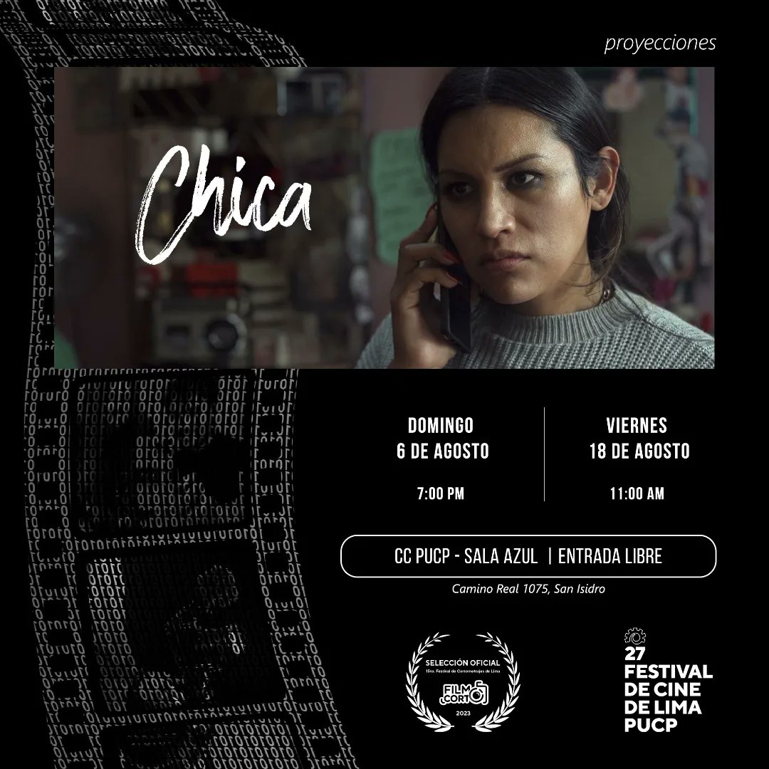 jys_estudio's tweet photo. ¡Es hora de ver "Chica" en el cine!🔥🍿🎬

Les dejamos las fechas para las dos proyecciones que tendrá "Chica" en el marco del 15° #FilmoCorto y el @festivaldelima 🗓️

➡️ Domingo 6 de Agosto a  las 7 pm 
➡️ Viernes 18 de Agosto a las 11 am https://t.co/VDq9NUHsqc