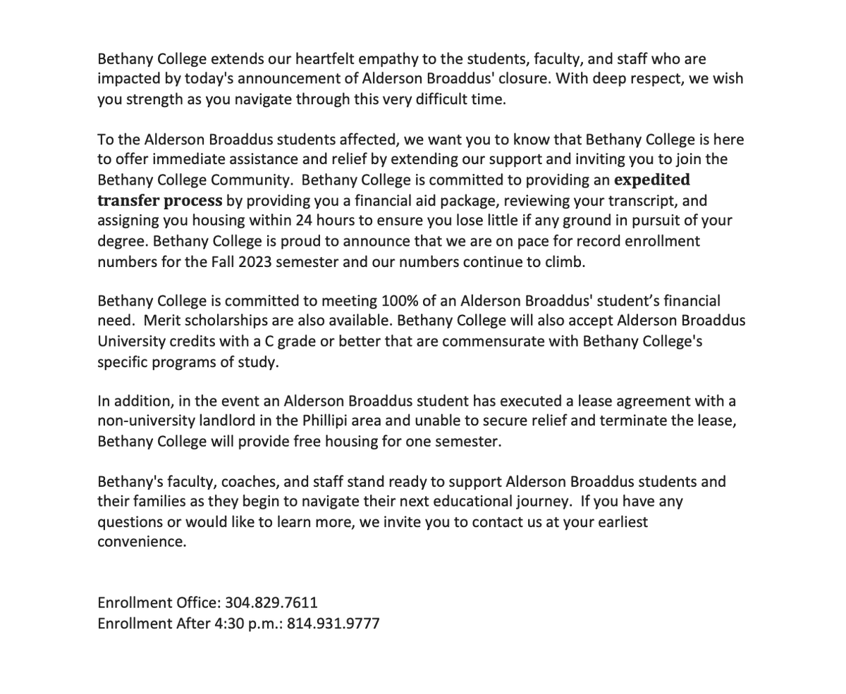 A Message to Alderson Broaddus Students from Jamie Caridi, Ph.D., President of Bethany College.