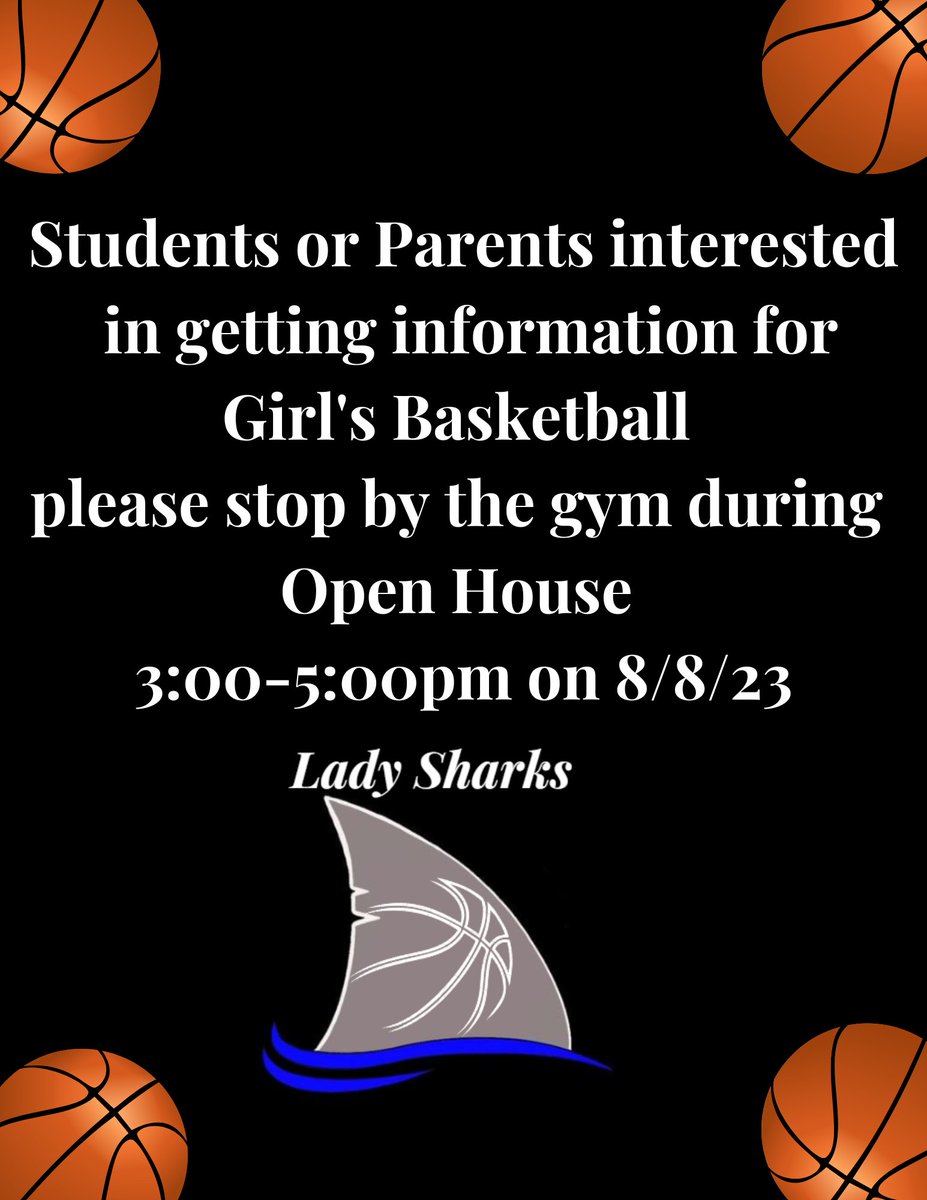 Interested in playing girl's basketball @ Riverview HS?  Stop by the gym during Open House on Tues, Aug 8, 3:00-5:00pm #ladysharkpride #sharkpride #family