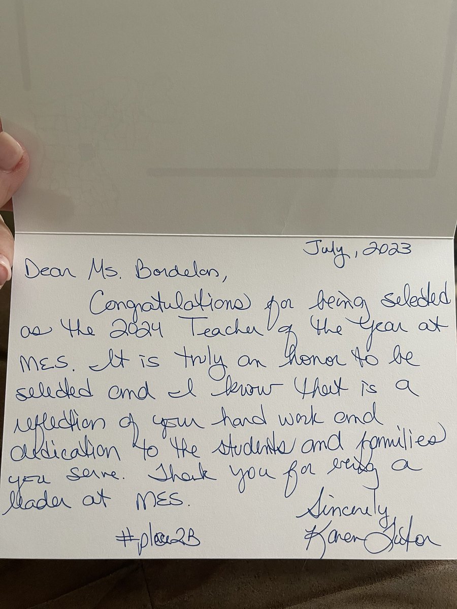 mbordelontweets's tweet photo. I’ve always been a lover of written notes, cards, and letters. I love that my superintendent takes the time to write cards like this 🤍 it may seem like a little thing - the little things make a big, big difference. 
#AvoyellesProud
#Place2B
#Place2B23 https://t.co/VkkbyGCaWm