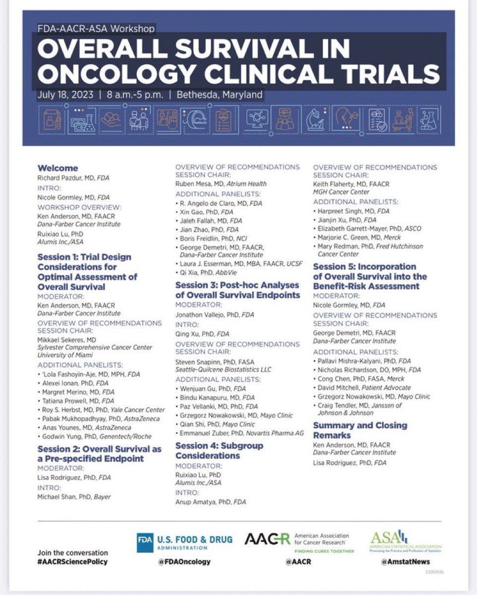 Did you miss the 7/18/2023 FDA-AACR-ASA Workshop on Overall Survival in #Oncology #ClinicalTrials? Slides & recording are now available: 

aacr.org/professionals/… 

#AACRSciencePolicy #regulatory #biostats #drugdevelopment #OncTwitter