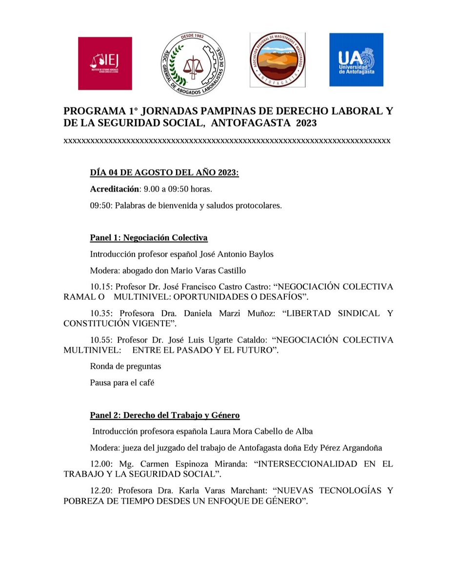 Este viernes 4 de agosto estaremos en las primeras Jornadas Pampinas de Derecho Laboral y Seguridad Social, organizadas por la <a href="/udeantofagasta/">Universidad de Antofagasta</a> y <a href="/gremial_agal/">AGAL - Abogadas y Abogados Laboralistas de Chile</a>, hablando sobre negociación colectiva multinivel