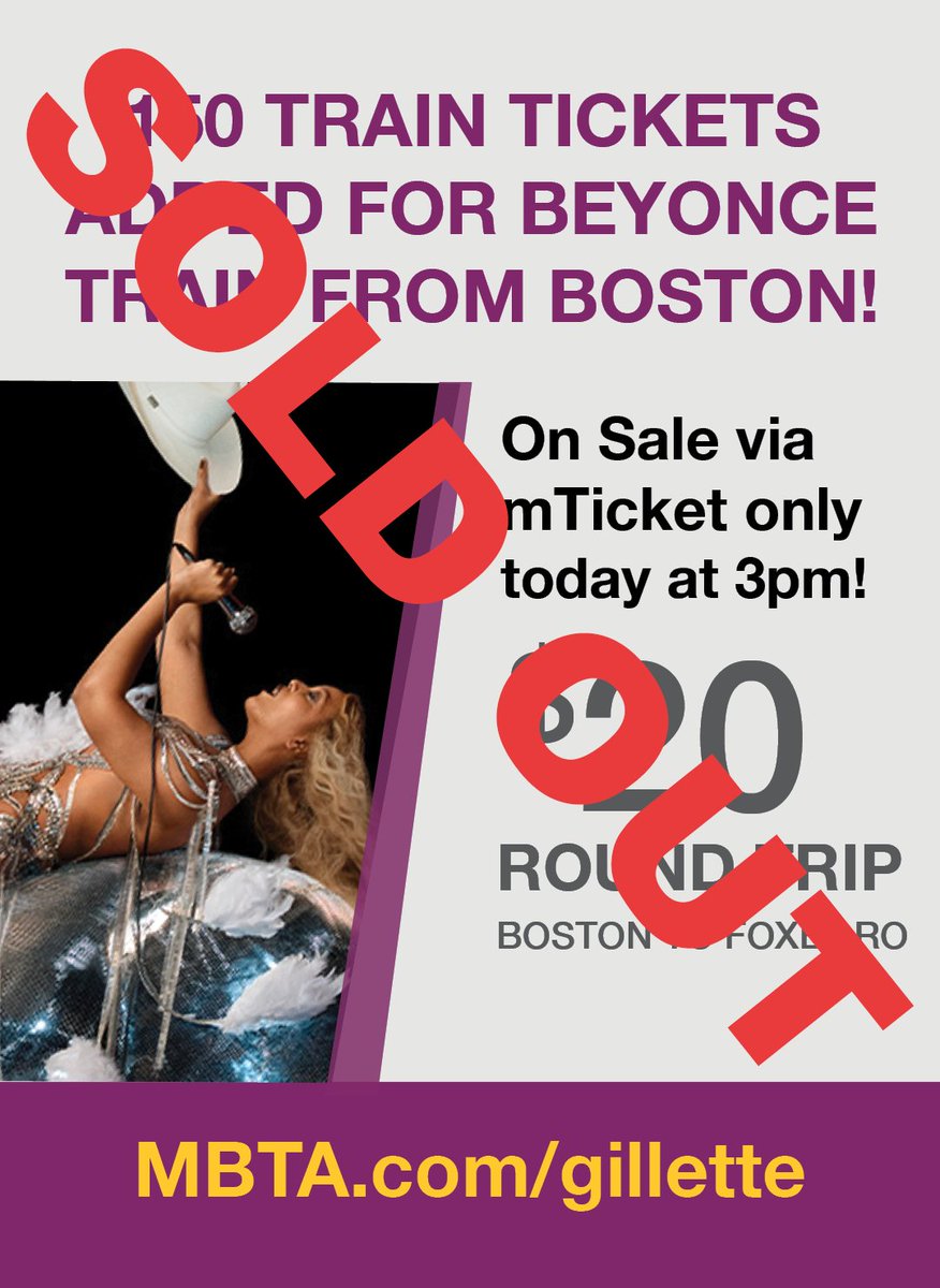 MBTA_CR's tweet photo. ❗ @Beyonce train tickets to @GilletteStadium are officially SOLD OUT!

🔴 Only passengers with Special Event Train tickets are allowed to board the Special Event Train tomorrow.

🚆 If you are using regular train service, the last train leaves Foxboro at 10:20 pm. https://t.co/OBGlMIQESE