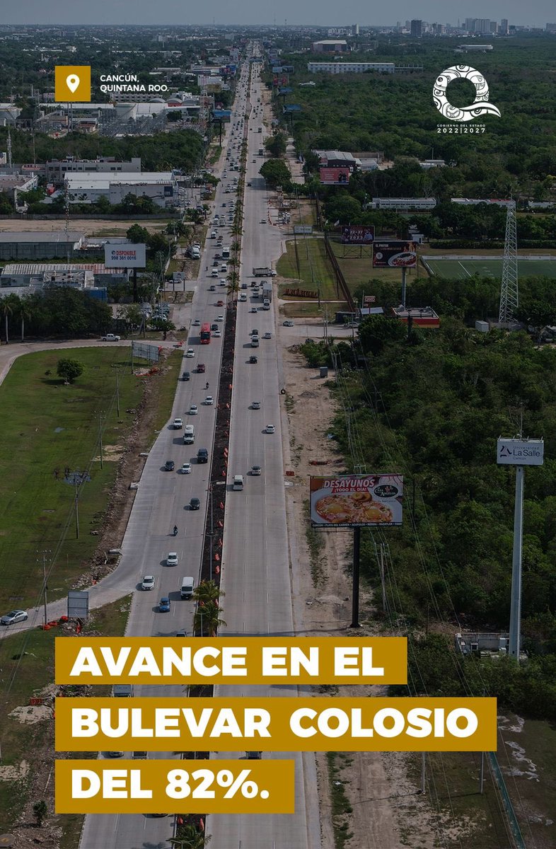 MaraLezama's tweet photo. Nuestro nuevo #BulevarColosio está muy cerca de ser terminado. Al día de hoy lleva un avance del 82%. Esta importante obra que nos comprometimos a realizar, avanza para mejorar la imagen y la movilidad de #Cancún. De la mano del @GobiernoMX estamos transformando #QuintanaRoo. https://t.co/kr0OYc0XW2