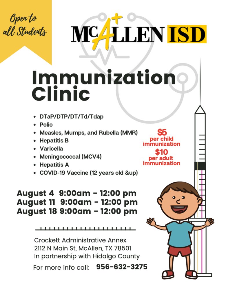 McAllenISD's tweet photo. McAllen ISD Immunization Clinic: https://t.co/1htDmln8BU
Clínica de Vacunación de McAllen ISD: https://t.co/1htDmln8BU https://t.co/VGEwtAXHCt