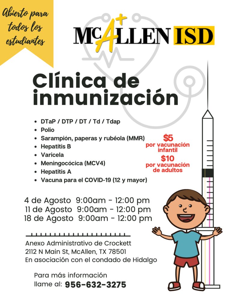 McAllen ISD Immunization Clinic: 5il.co/20otf
Clínica de Vacunación de McAllen ISD: 5il.co/20otf