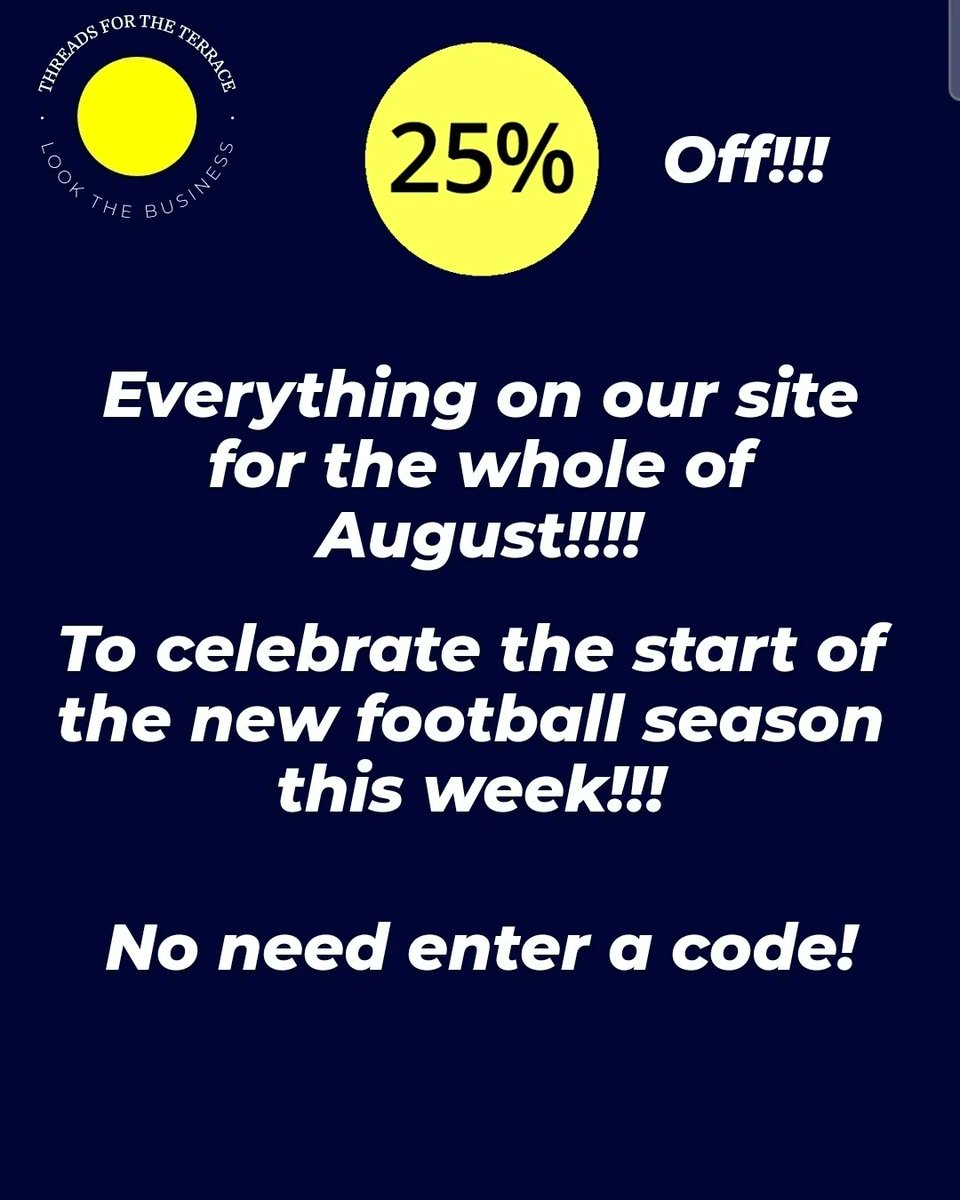 The football season is nearly here. To celebrate, we've reduced all tickets on our site by 25%!!!! No need to enter a code Perfect Draft machine? 75p per ticket! Sone Island jacket or Adidas trainers? £1.19 per ticket! Head to threadsfortheterrace.co.uk to get your tickets!