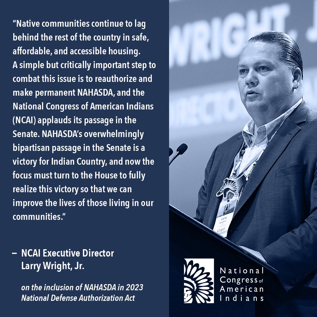Last week, the Senate passed the Native American Housing Assistance and Self Determination Act (NAHASDA) Reauthorization bill - read the full joint statement by <a href="/naihc_national/">NAIHC</a> and NCAI: bit.ly/47bIoIa