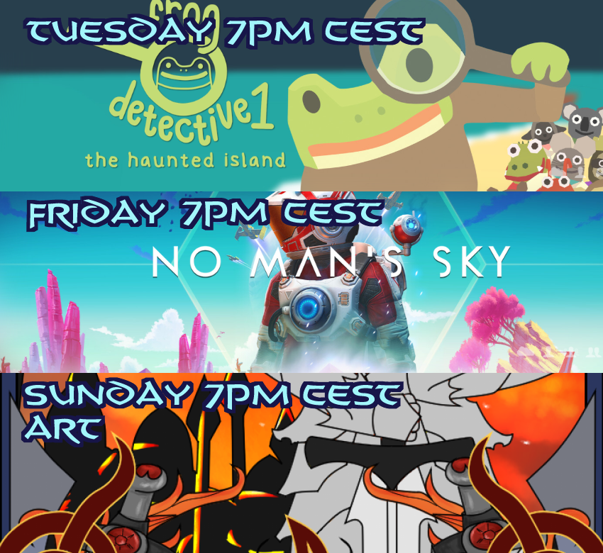 Stream schedule for the week! I have to admit I'm debating whether to keep using twitter but I am looking forward to this weeks streams :3