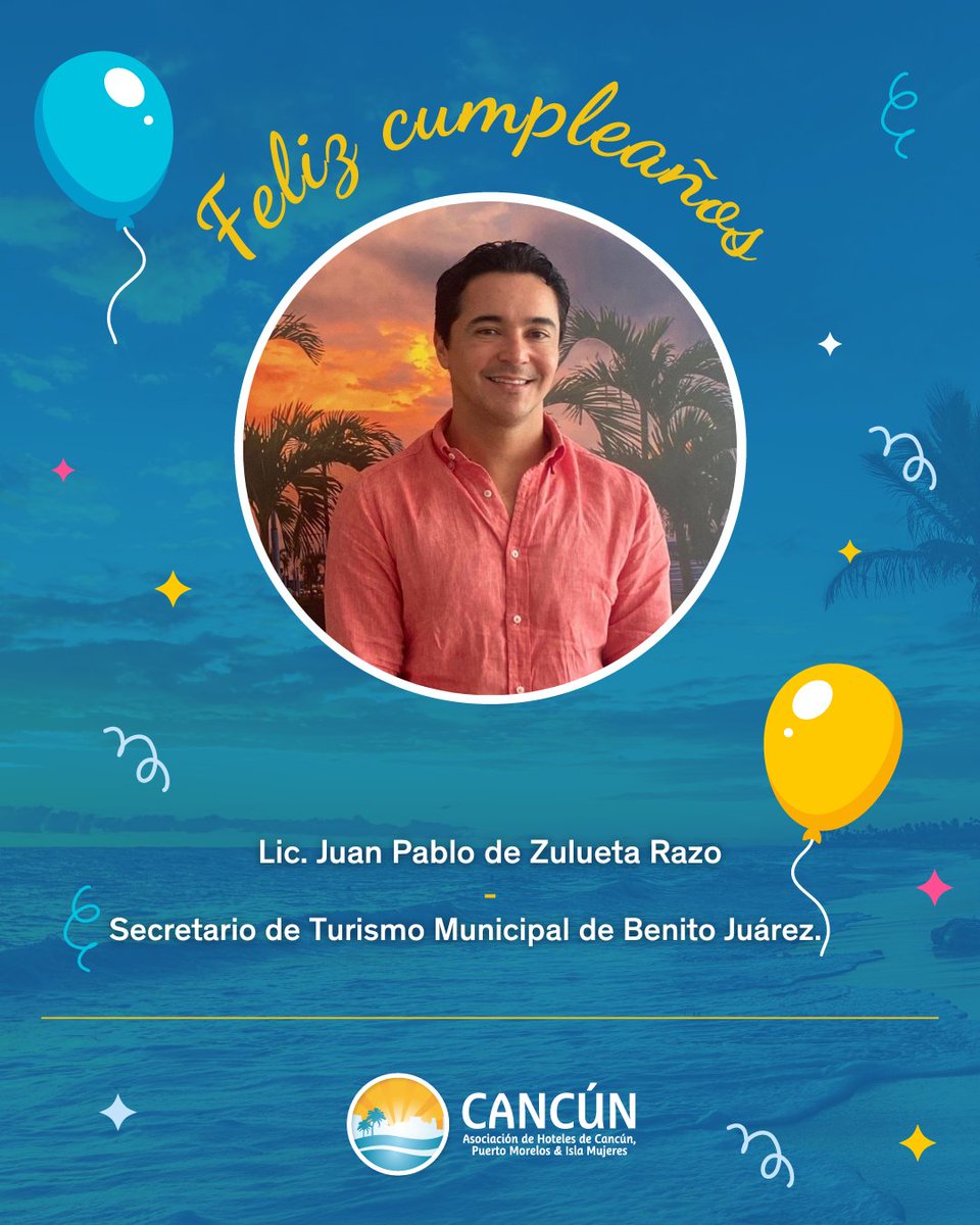 Deseamos un feliz cumpleaños al Lic. <a href="/jpdezulueta/">Juan Pablo De Zulueta</a> ¡Nuestros mejores deseos! 

<a href="/TurismoCancunBJ/">Secretaría Municipal de Turismo Cancún</a>