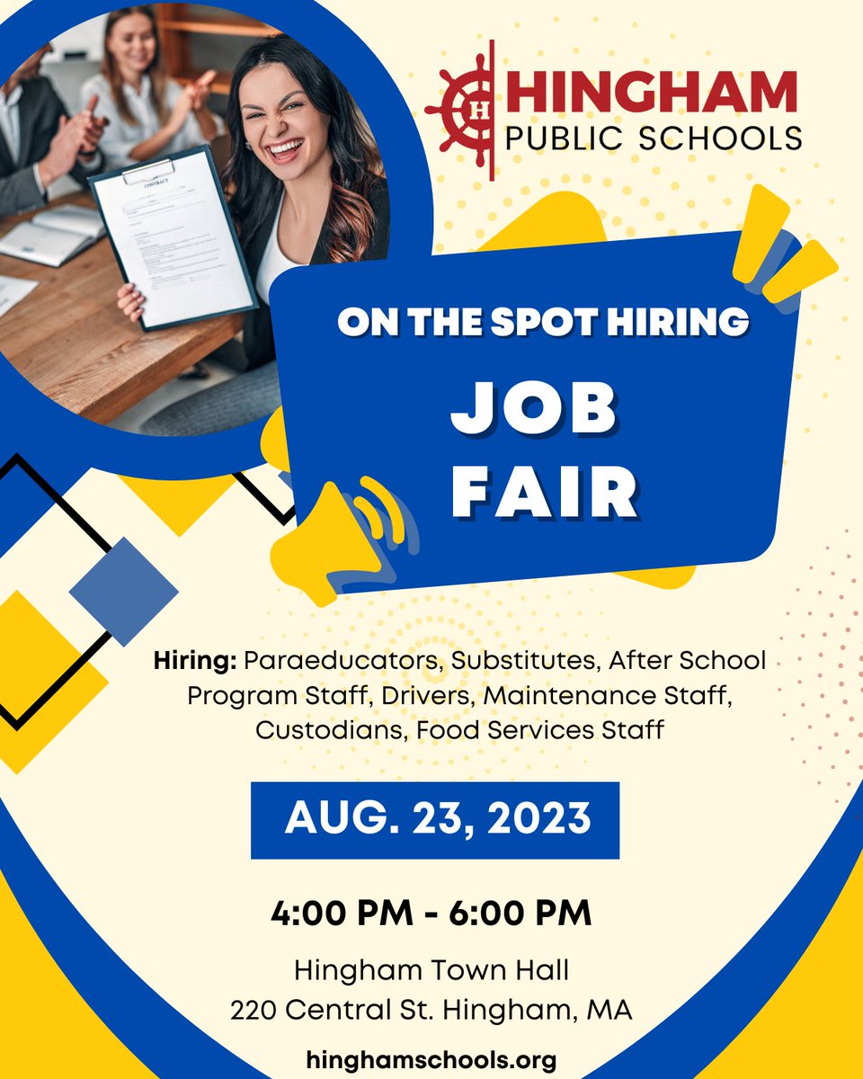 Join us at Town Hall on 8/23 to learn more about job opportunities at HPS! <a href="/HinghamSchools/">Hingham Public Schools</a>