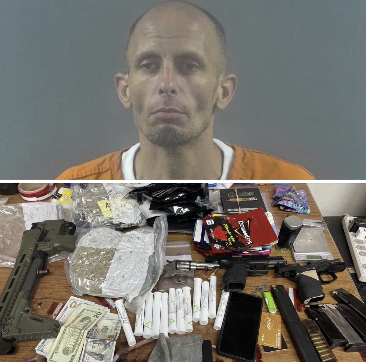 joeimel's tweet photo. Per @WarrenCoSO Deputies responded to Alvaton Express this morning, found Richard Aydt III, 38, of BG, passed out in a running vehicle. He was wearing body armor, had a small compact rifle in lap. Search of vehicle revealed 4 loaded firearms, extra magazines, about 2.75 lbs of marijuana, 125 THC products, a Xanax pill, cash, digital scales, and drug paraphernalia.