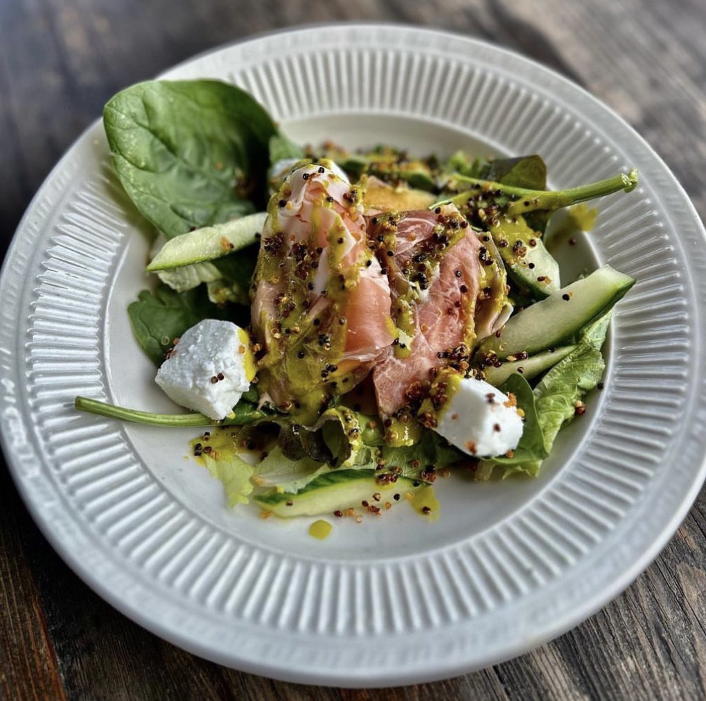 Melon &amp; Prosciutto salad with cucumber, feta, field greens, crispy quinoa and basil vin.