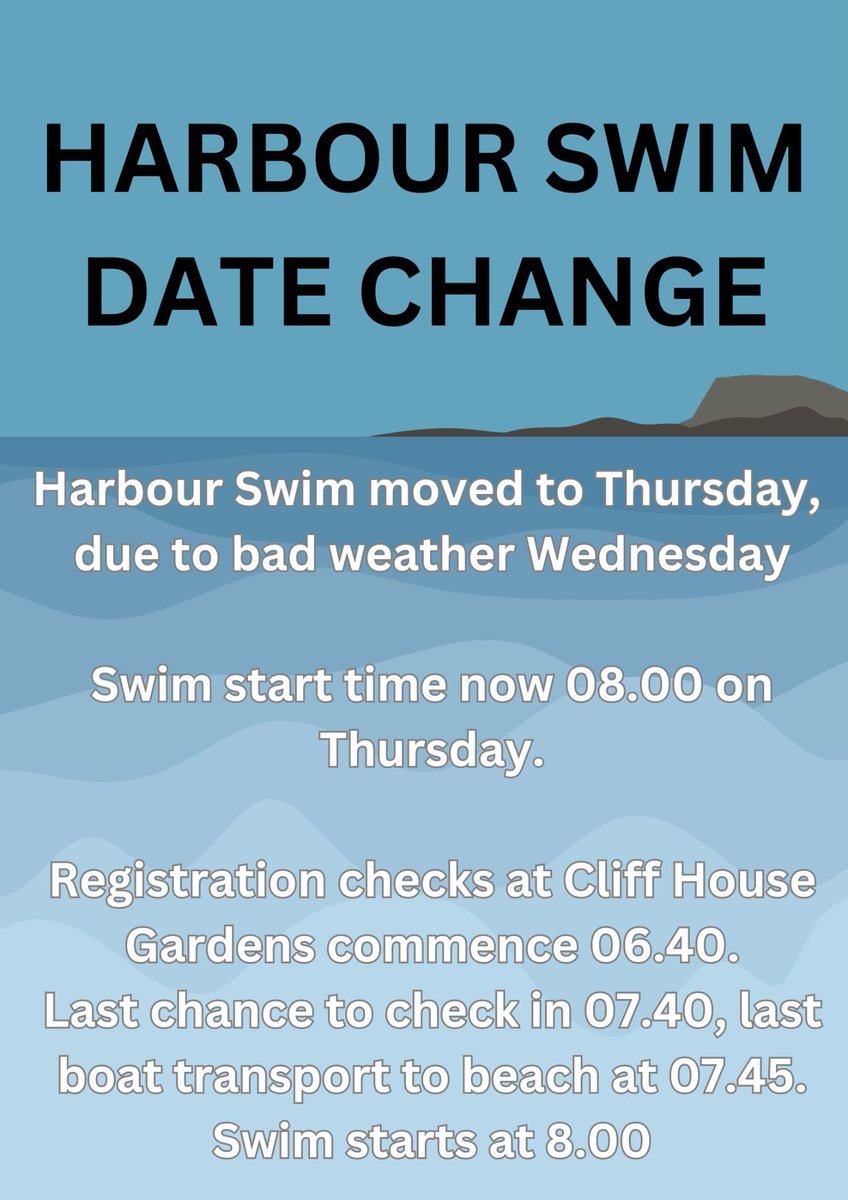 Habour swim pushed to Thursday due to weather on the Wednesday. Please share and tag the post. 

We will be calling one person from each form to ensure they are aware of the day change.