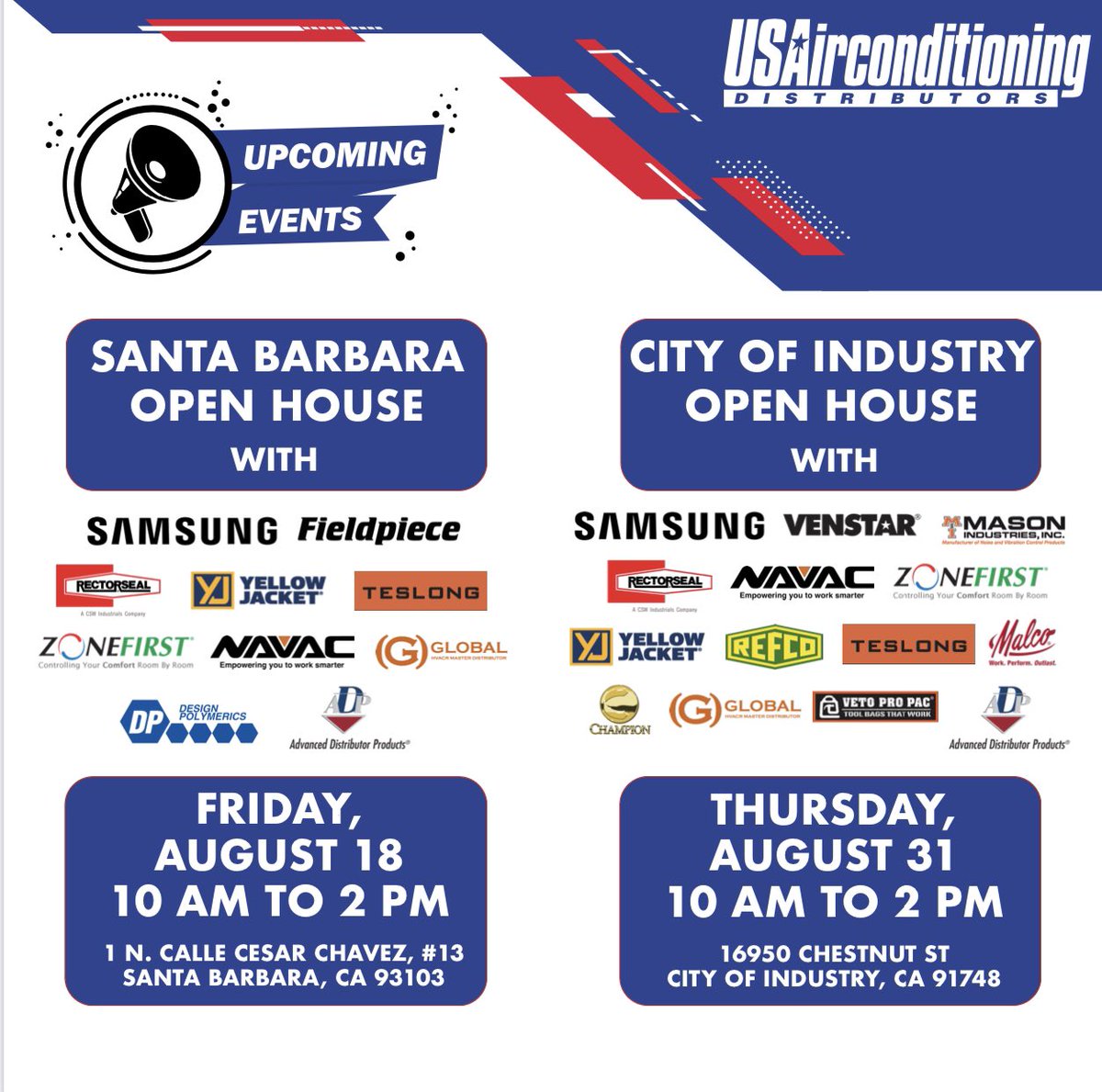 USACD's tweet photo. 📆 We’re starting the week off with three chances to talk with our friends at Mason Industries out in LA 🌇 Then, don’t miss any of our open house events this month! Join us for in person training, product demonstrations, and a chance at winning huge prizes 🏆 #usacd https://t.co/KFL2gnnpZu