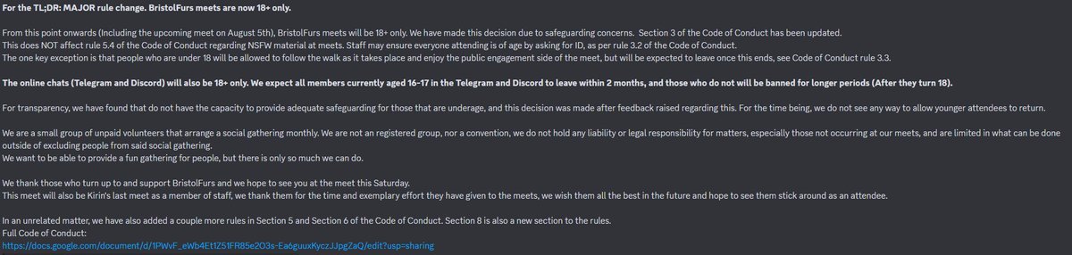 RULE UPDATE: Going forward, including this weekend's meet, BristolFurs meets are 18+ only.

Full reasoning in supplied image.

Full Code of Conduct:
docs.google.com/document/d/1PW…