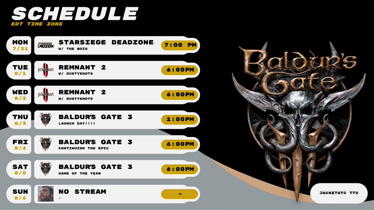 Wow, 2023 we are EATIN' good! It's the week of my most anticipated game since Elden Ring, #BaldursGate3 drops Thurs!

Ill be giving it a world-class run through with my boi <a href="/dustyknots1/">dustyknots</a>, streamin it on Twitch! Other than that, Remnant 2 has shaped up nicely too! 

TUNE IN!