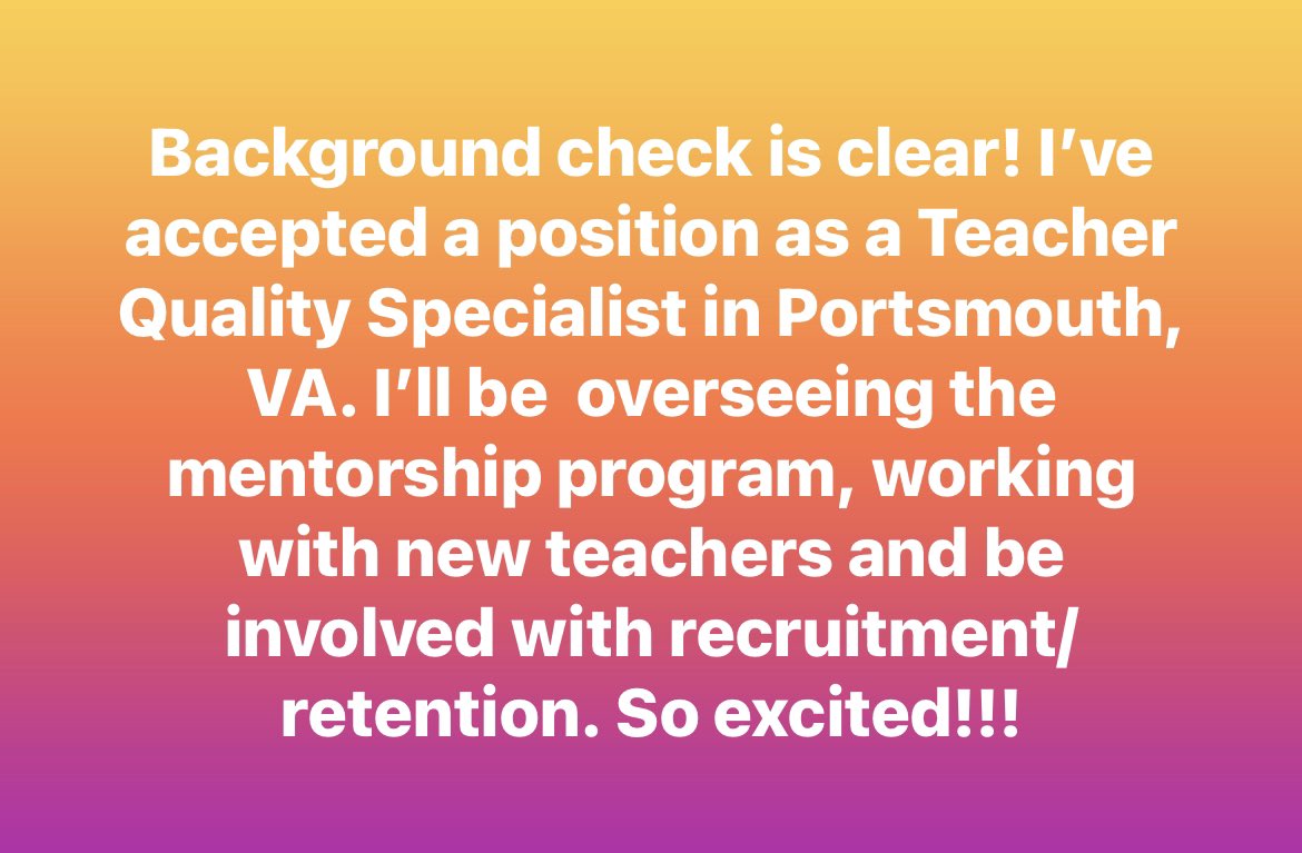 With a start date, I can finally announce my new position with Portsmouth schools! The purpose of this position answers the “Where do you see yourself in 5 years?” question.  #goals  #newteachersupport #teacherretention #mentorteacher #teacherrecruitment