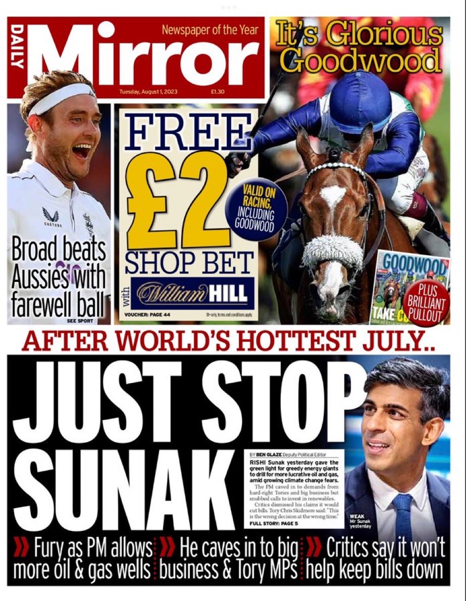 CockertonMark's tweet photo. All the privileged bastard needed to do was to be less incompetent than Truss and have more integrity than Johnson. 
Instead he’s putting profits over our grandchildren’s future by pouring oil on a world that’s boiling.
#JustStopSunak
#GeneralElectionNow
#TomorrowsPapersToday https://t.co/YJyhpsdNTL